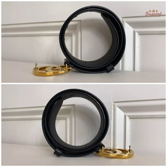 Authentic Gucci Black Smooth Calfskin Leather Gold Double G Buckle Belt 75/30 main image 7